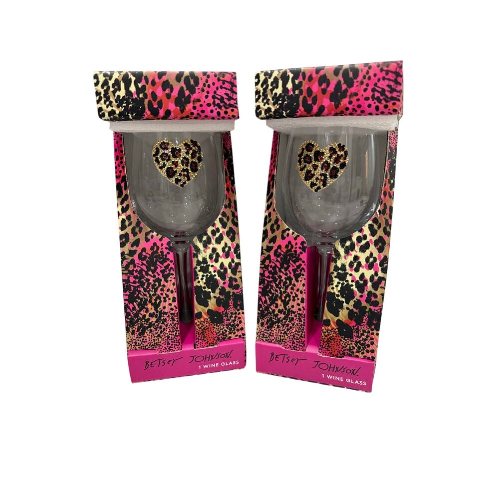 NWT Betsey Johnson Leopard Print Wine Glass Set of 2 - Pink & Black Animal Print - Picture 6 of 12
